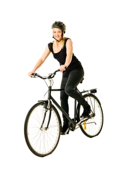 Woman on a bicycle isolated on white background