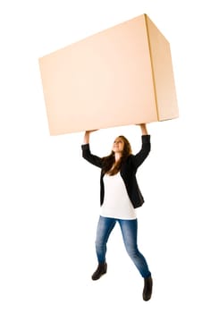 Woman with a very large Cardboard Box over her Head