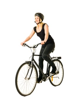 Woman on a bicycle isolated on white background