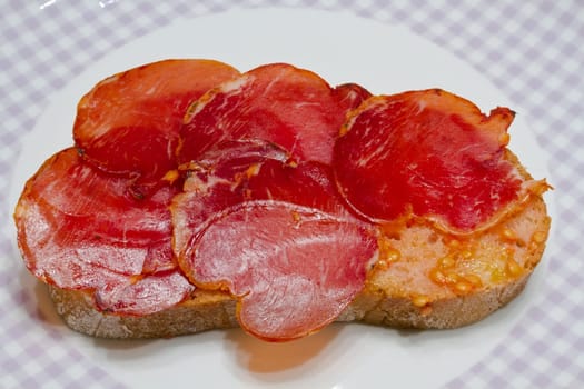 Catalan-style tomato rubbed on a slice of bread with oil and salt point, about the scourge of rural style.