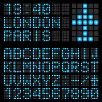 Set of blue letters on a mechanical timetable. Illustration of the designer