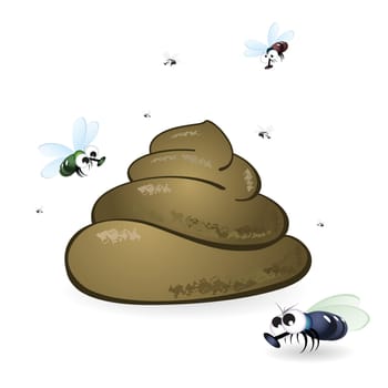 Cartoon feces and flies. Illustration on white background