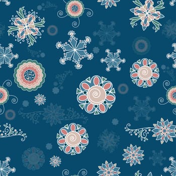 Christmas background of abstract snowflakes. Illustration on blue background