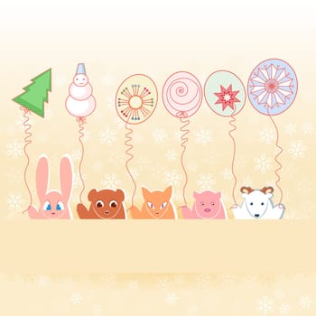 Animals with New Year&#039 s balloons.  Illustration on pastel background