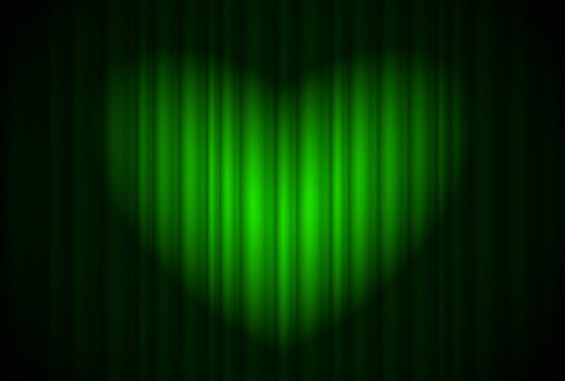 Stage with green curtain and spotlight great, heart-shaped. Illustration of the designer