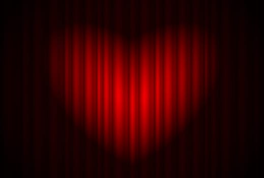 Stage with red curtain and spotlight great, heart-shaped. Illustration of the designer