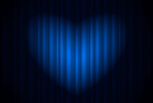 Stage with blue curtain and spotlight great, heart-shaped. Illustration of the designer