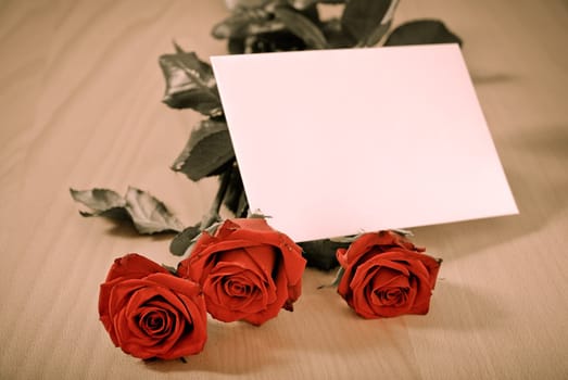 Love message on table - red roses with envelope
