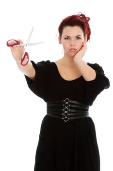 Young red-haired accountant with scissors isolated on white background