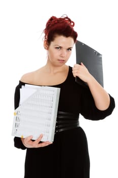 Modern red-haired accountant with folder of documents isolated on white background