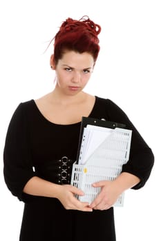 Modern red-haired accountant with folder of documents isolated on white background