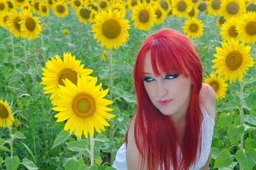 A sensual woman posing on a sunflowers background