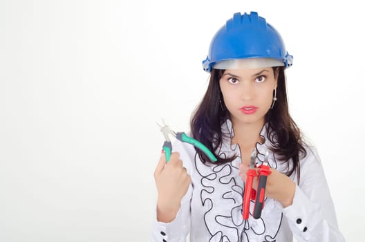 Young business woman chooses the proper tool
