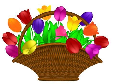 Weaved Basket of Happy Easter Day Colorful Tulips Flowers Illustration Isolated on White Background