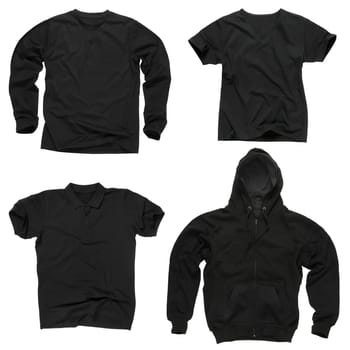 Photograph of four wrinkled blank black shirts, long sleeve shirt, golf shirt, V-neck and hoodie.  Clipping path included.  Ready for your design or logo.