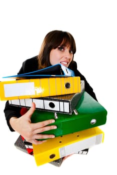 Stressed female office worker with folders. Studio shot, isolated on white background