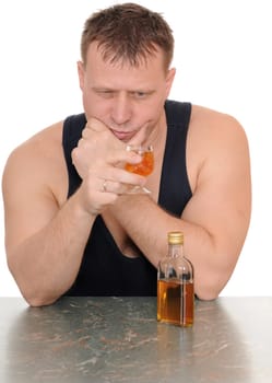 drunk man with a glass in his hand isolated on white background