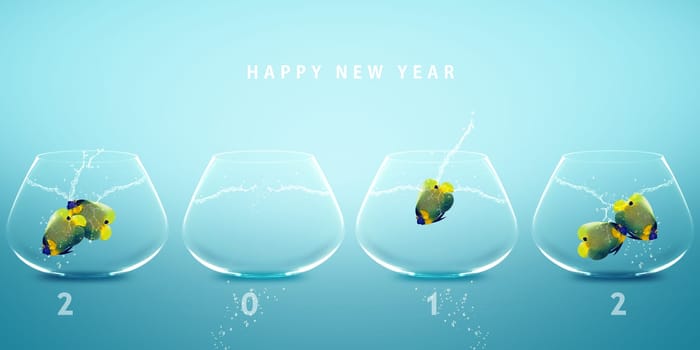 Happy new year 2012, conceptual image angelfish jumping to new fish bowl and creating 2012 year number.