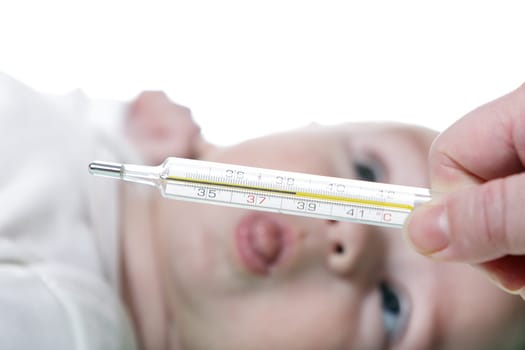 thermometer and newborn with tongue out - HIGH TEMPERATURE