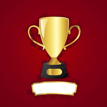 Golden cup and metal plaque over a textured grunge background.