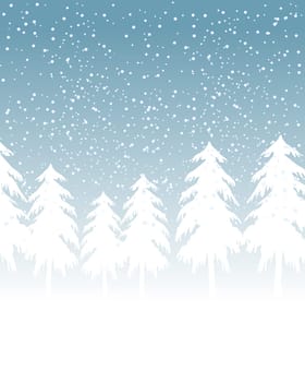 Winter celebration card with evergreen silhouettes in the snow.