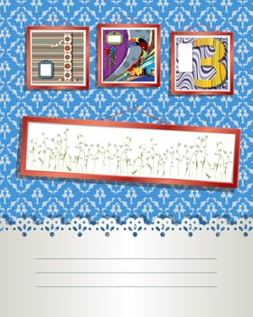 Decorative card in ART DECO style with framed pictures and text label.