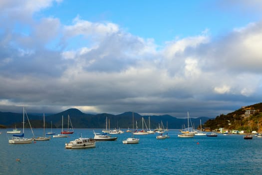 Moored boats in Picton Harbor in New Zealand&#039 s South Island