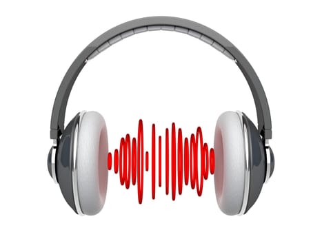 Gray headphones with sound waves isolated on white
