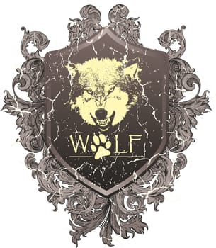 wolf bares its teeth, with a shield and rear leaves