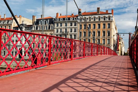 famous red footbridge in Lyon city in France