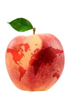 red apple with world map isolated on white background
