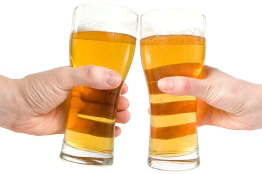 Two people holding a beer glass against white background
