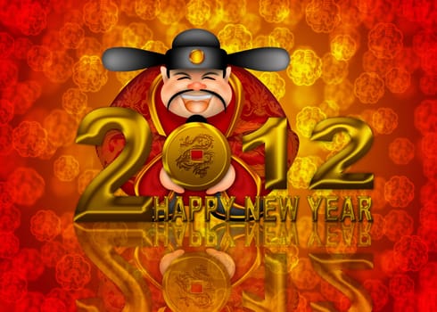 2012 Happy New Year Chinese Money Prosperity God Holding Round Gold Dragon Coin Illustration