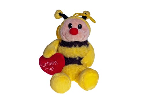 Plush bee with a heart for all the love on a white background