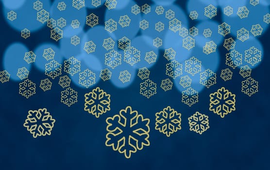 Yellow snowflake shapes dropping in front of blue out of focus christmas tree lights
