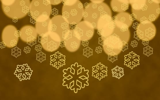 Yellow snowflake shapes dropping in front of golden out of focus christmas tree lights