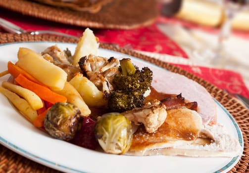 Old fashioned xmas lunch plate of turkey with vegetables and gravy