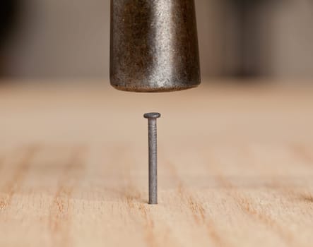 Nail being driven into wood by hammer head
