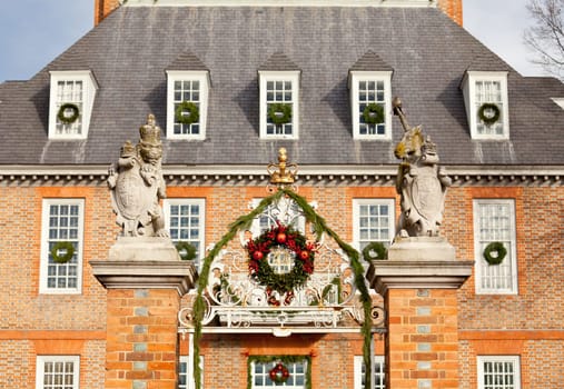 WILLIAMSBURG, VIRGINIA - DECEMBER 30: Entrance to Governors Palace decorated for xmas on December 30, 2011. Colonial Williamsburg&#039 s 301 acres includes many restored buildings and houses