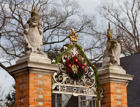 WILLIAMSBURG, VIRGINIA - DECEMBER 30: Entrance to Governors Palace decorated for xmas on December 30, 2011. Colonial Williamsburg&#039 s 301 acres includes many restored buildings and houses