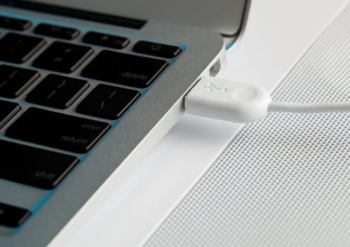 White USB plug inserted into side of metal laptop lit with a technology blue tint