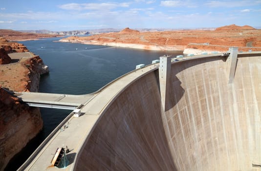 Glen Canyon Dam with Colorado River in Lake Powell at Page, Arizona. USA
