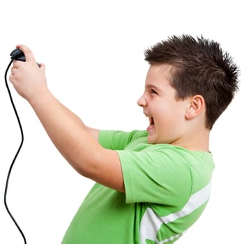 teen boy playing and having fun with video console. Isolated on white.