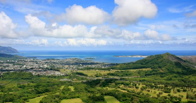 Panoramic shot of a Hawaiian coastal town