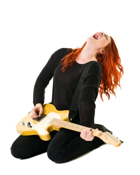 Female Guitar player isolated on white background