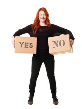 Woman with two options isolated on white background