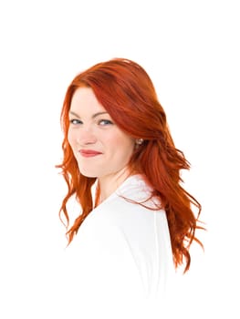 Woman with red hair isolated on white background