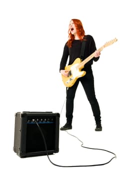 Female Guitar player isolated on white background