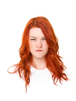 Woman with red hair isolated on white background
