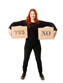 Woman with two options isolated on white background